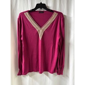 FUNLINGO Women's Fuchsia Lace Trim V Neck Long Sleeve Shirt‎ Top size XL